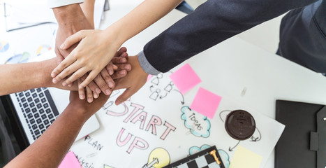 Canvas Print - Panoramic teamwork business join hand together,Business teamwork,partnership concept,Creative team meeting hands together startup friends creative people for cooperation,Volunteer charity work.