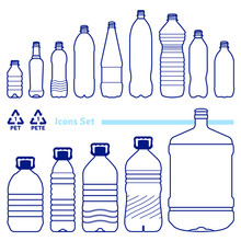 Recycling Code 1 (PET - Polyethylene Terephthalate) Outline Icons Set. Empty Clear Plastic Bottles On White Background. 