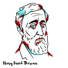 Henry David Thoreau Engraved Vector Portrait With Ink Contours. American Essayist, Poet, And Philosopher. A Leading Transcendentalist, Thoreau Is Best Known For His Book Walden.