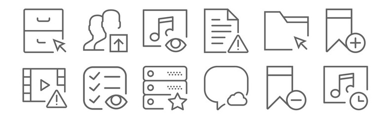 Wall Mural - set of 12 interaction set icons. outline thin line icons such as music player, speech bubble, list, 
