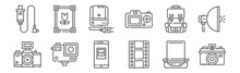 Set Of 12 Photography Icons. Outline Thin Line Icons Such As Print, Film, Action Camera, Bag, Charger, Frame