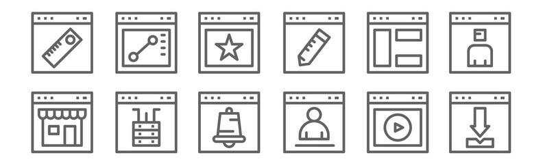 set of 12 website element icons. outline thin line icons such as download, login, server storage, web pages, favorite, web browser