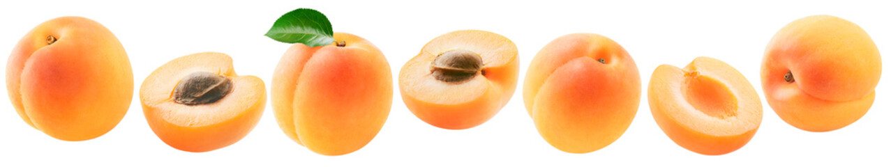 Poster - Fresh apricots set isolated on white background. Whole fruit, half pieces with and without pits.