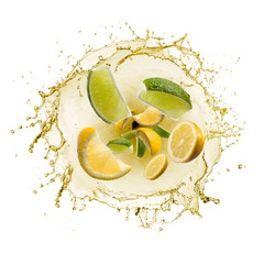 Poster - wave of splashing lemon juice with lemon slices, isolated on white