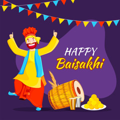 Wall Mural - Cartoon Punjabi Man doing Bhangra Dance with Dhol, Wheat Ear, Indian Sweet (Laddu) and Glass of Lassi on Purple Background for Happy Baisakhi Celebration.