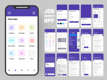 Job Search App UI Kit For Responsive Web Template With Different Application Layout Including Create Account, Job Vacancy, Preference And User Recruitment.