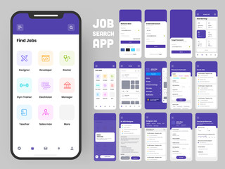 Wall Mural - Job Search App UI Kit for Responsive Web Template with Different Application Layout Including Create Account, Job Vacancy, Preference and User Recruitment.