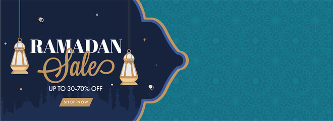 Wall Mural - ramadan sale header or banner design with 30-70% discount offer and hanging lanterns on blue and gre