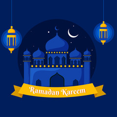 Sticker - Ramadan Kareem Font in Yellow Ribbon with Mosque, Crescent Moon and Hanging Illuminated Lanterns on Blue Background.