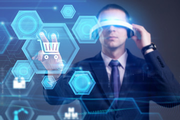 business, technology, internet and network concept. young businessman working on a virtual screen of