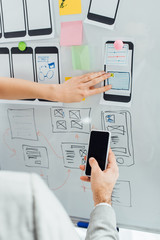 Cropped view of ux designers using smartphone and sketches of app interface on whiteboard in office
