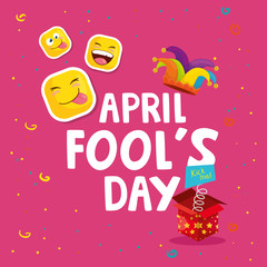 Poster - april fool day with hat jester and icons vector illustration design