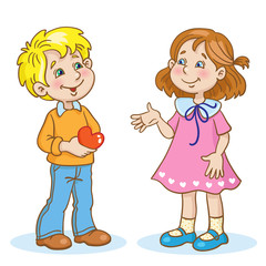 Canvas Print - Little boy gives a cute girl a postcard in honor of Valentine's Day.  In cartoon style. Isolated on white background. Vector illustration.