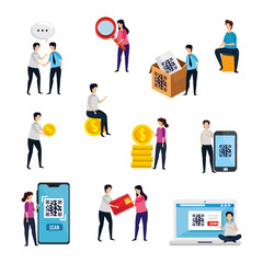 Poster - scenes of people with code qr and icons vector illustration design