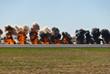 Multiple firey explosions with thick black smoke on an airport runway.