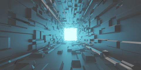 Wall Mural - abstract futuristic background, tunnel digital scene with blue light at the exit. circuit technology