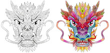 Zentangle Dragon Head. Hand Drawn Decorative Vector Illustration. Clolr And Outline Set