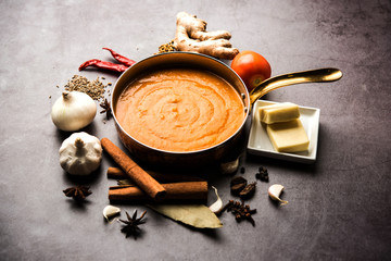 Wall Mural - North Indian basic Curry for paneer butter masala or chicken makhanwala recipe shown with ingredients, served in a bowl. selective focus