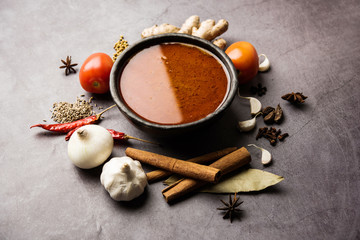 Poster - North Indian basic spicy Curry or masala for vegetables or chicken or mutton recipe shown with ingredients, served in a bowl. selective focus	homemade, restaurant, hot, oil, dark, red, indian, india, 