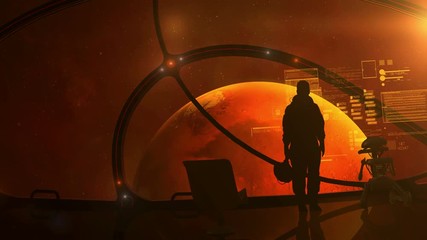 Wall Mural - The astronaut is standing at the porthole of a ship approaching Mars.