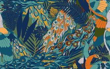 Seamless Pattern With Large Blue-green Peacock Tails And Leaves Of Tropical Palm Trees.