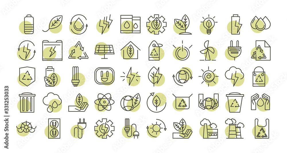 sustainable energy alternative renewable ecology icons set line style icon - obrazy, fototapety, plakaty 