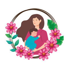 Poster - woman pregnant carrying baby boy in frame of flowers vector illustration design