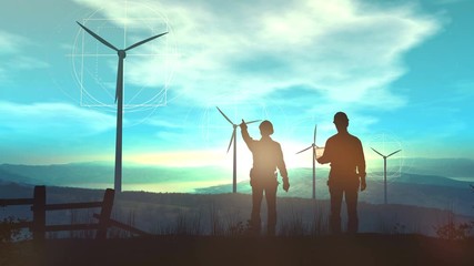 Wall Mural - engineers are watching from the hill over the work of wind farms.