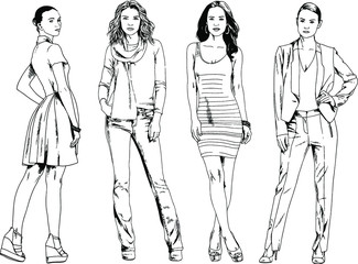 vector drawings on the theme of beautiful slim sporty girl in casual clothes in various poses painted ink hand sketch with no background