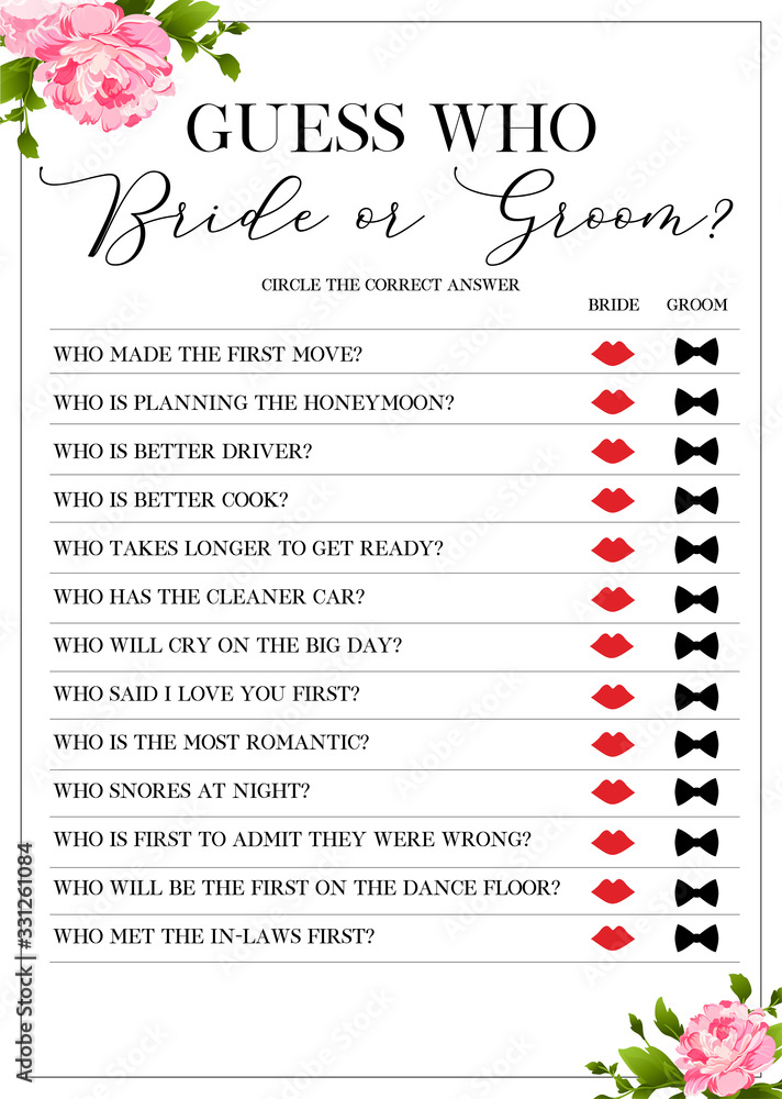 Guess Who Bride or Groom Game, Bridal Shower Games, printable vector card Stock Vector | Adobe Stock