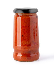 Wall Mural - Tomato sauce jar on white background