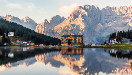 Wall Mural - Wonderful sunny landscape. Misurina Lake or Lago di Misurina Italy. National Park Tre Cime di Lavaredo, Location Auronzo, Dolomiti Alps, South Tyrol, Italy. Awesome nature scenery.