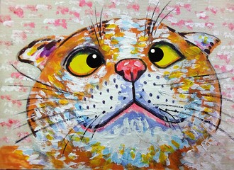  Art painting oil color A crazy cat   Lucky background  From Thailand