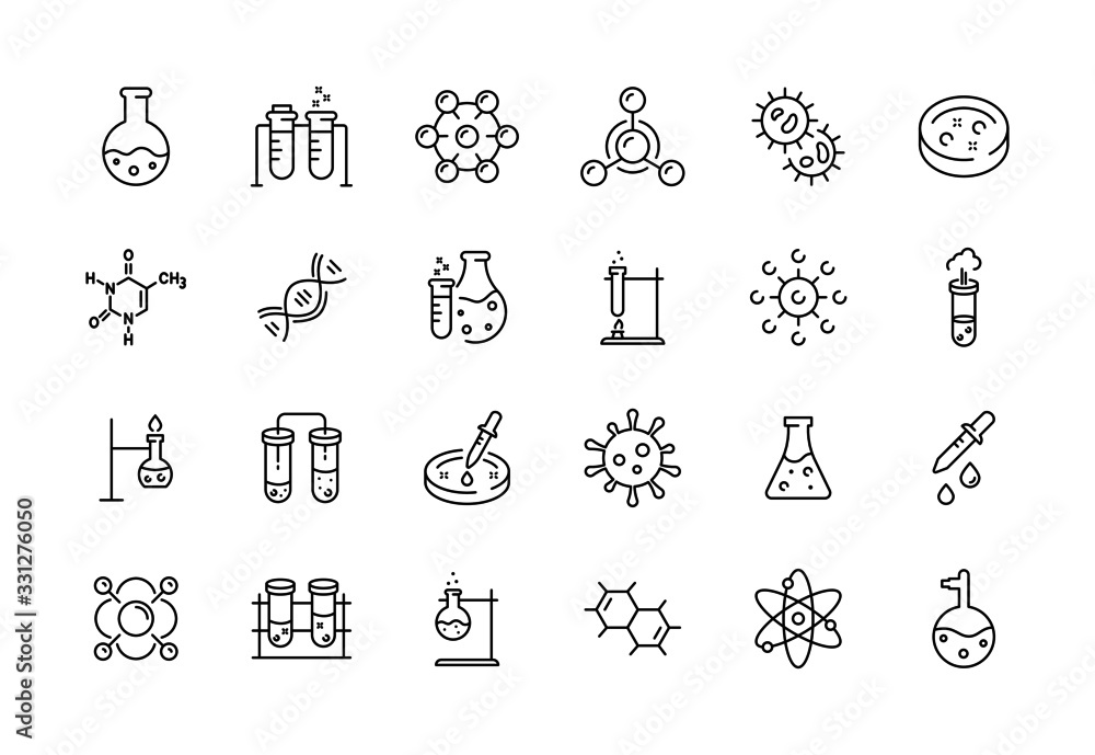 Medical science icons. Simple line chemistry virus lab set of medical analysis experiment, laboratory test flask, chemical formula and reaction tube. Vector illustration editable stroke - obrazy, fototapety, plakaty 