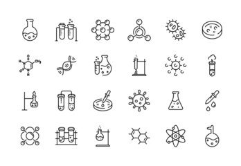 Medical science icons. Simple line chemistry virus lab set of medical analysis experiment, laboratory test flask, chemical formula and reaction tube. Vector illustration editable stroke