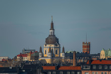 Sky Line Over The District Södermalm With The Church Katarina Kyrka And The Water Tower At Mosebacke In The Background.