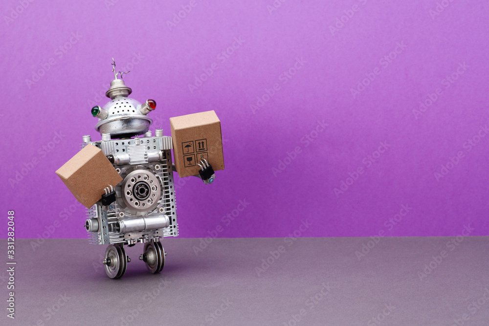 A two-wheeled robot courier is holding parcels cardboard boxes. The concept of fast automated delivery of goods, products and food using robotic autonomous vehicles. purple background, copy space - obrazy, fototapety, plakaty 
