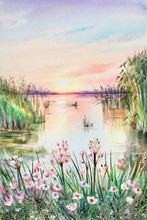 Watercolor One Duck Swims In A Pond. Sunset On The Lake. Summer Landscape. Ecology Concept. Pink, Green, Blue, Purple Background. Vertical View, Copy-space. Template For Designs , Card, Wallpaper.