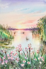 Watercolor one duck swims in a pond. Sunset on the lake. Summer landscape. Ecology concept. Pink, green, blue, purple background. Vertical view, copy-space. Template for designs , card, wallpaper.