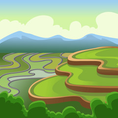 Poster - Cartoon Color Landscape Scene Chinese Rice Fields Concept. Vector