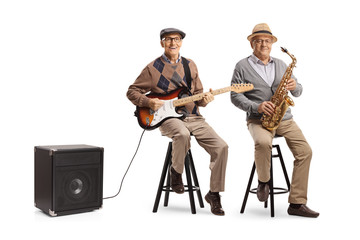 Sticker - Elderly men sitting on chairs with an electric guitar and a sax