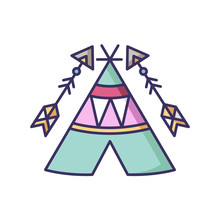 Tribal Teepee In Boho Style RGB Color Icon. Native American Indian Dwelling. Hut With Ethnic Ornaments. Wigwam And Arrows. Ethnic Decoration. Isolated Vector Illustration