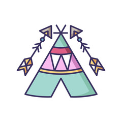 Wall Mural - Tribal teepee in boho style RGB color icon. Native American Indian dwelling. Hut with ethnic ornaments. Wigwam and arrows. Ethnic decoration. Isolated vector illustration