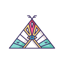 Native American Chief Teepee RGB Color Icon. Tribal Dwelling In Boho Style. Hut With Ethnic Ornaments And All Seeing Eye. Wigwam With Ethnic Decorations. Isolated Vector Illustration