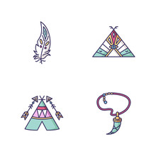 Native American Indian Accessories RGB Color Icons Set. Tribe Chief Teepee. Necklace With Tooth, Eagle Feather. Wigwam With Arrows And Ethnic Ornaments. Isolated Vector Illustrations