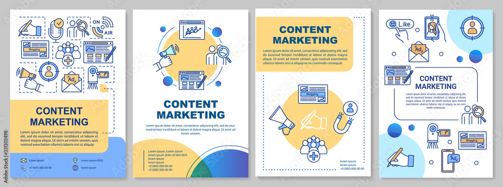 Content marketing brochure template. Visitor conversion in ecommerce. Flyer, booklet, leaflet print, cover design with linear icons. Vector layouts for magazines, annual reports, advertising posters.. - obrazy, fototapety, plakaty 