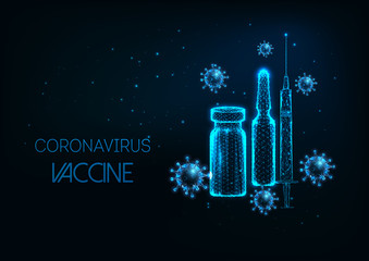 Wall Mural - Futuristic Coronavirus Covid-19 vaccine concept with glowing low poly ampule, syringe and virus cell