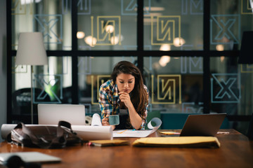 Beautiful young businesswoman working on project . Casual businesswoman in office.