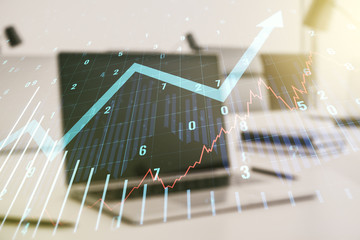 Multi exposure of abstract financial graph with upward arrow on modern computer background, financial and trading concept