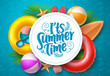 Summer time vector banner template. It's summer time typography in white circle space for text with beach elements like floater, surfboard, beach ball and palm leaves in blue pattern background. 